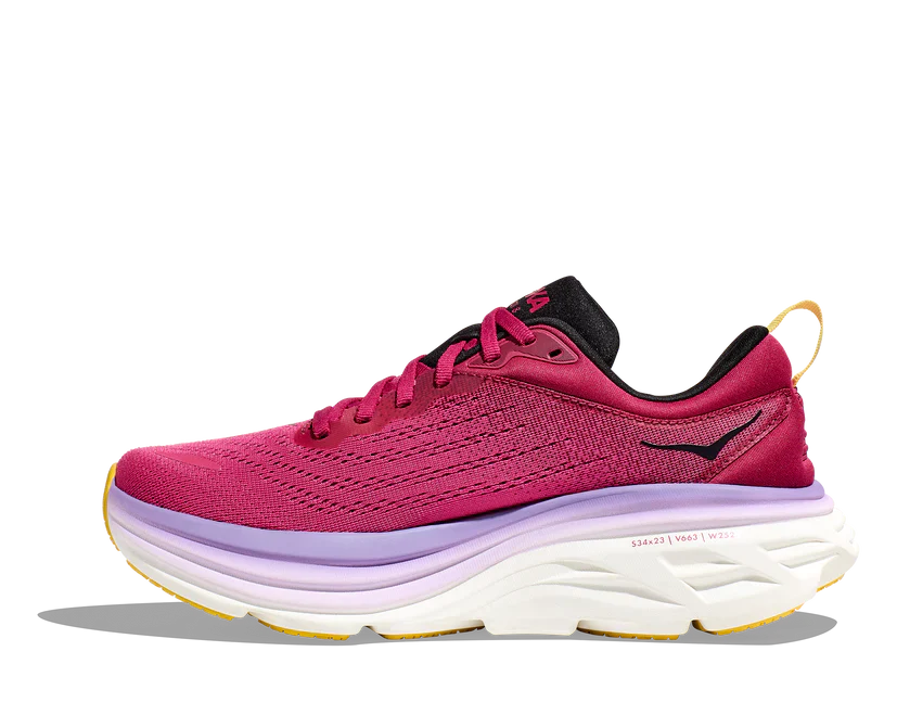 Medial view of the Women's HOKA Bondi 8 in the color Cherries Jubilee/Pink Yarrow