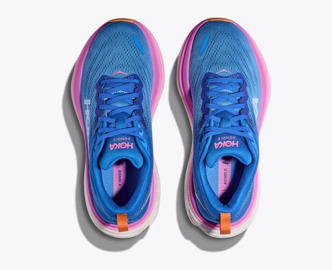 Top view of the Women's HOKA Bondi 8 in the Wide "D" Width, color COASTAL SKY/ALL ABOARD