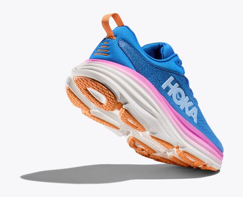 Back angled view of the Women's HOKA Bondi 8 in the Wide "D" Width, color COASTAL SKY/ALL ABOARD