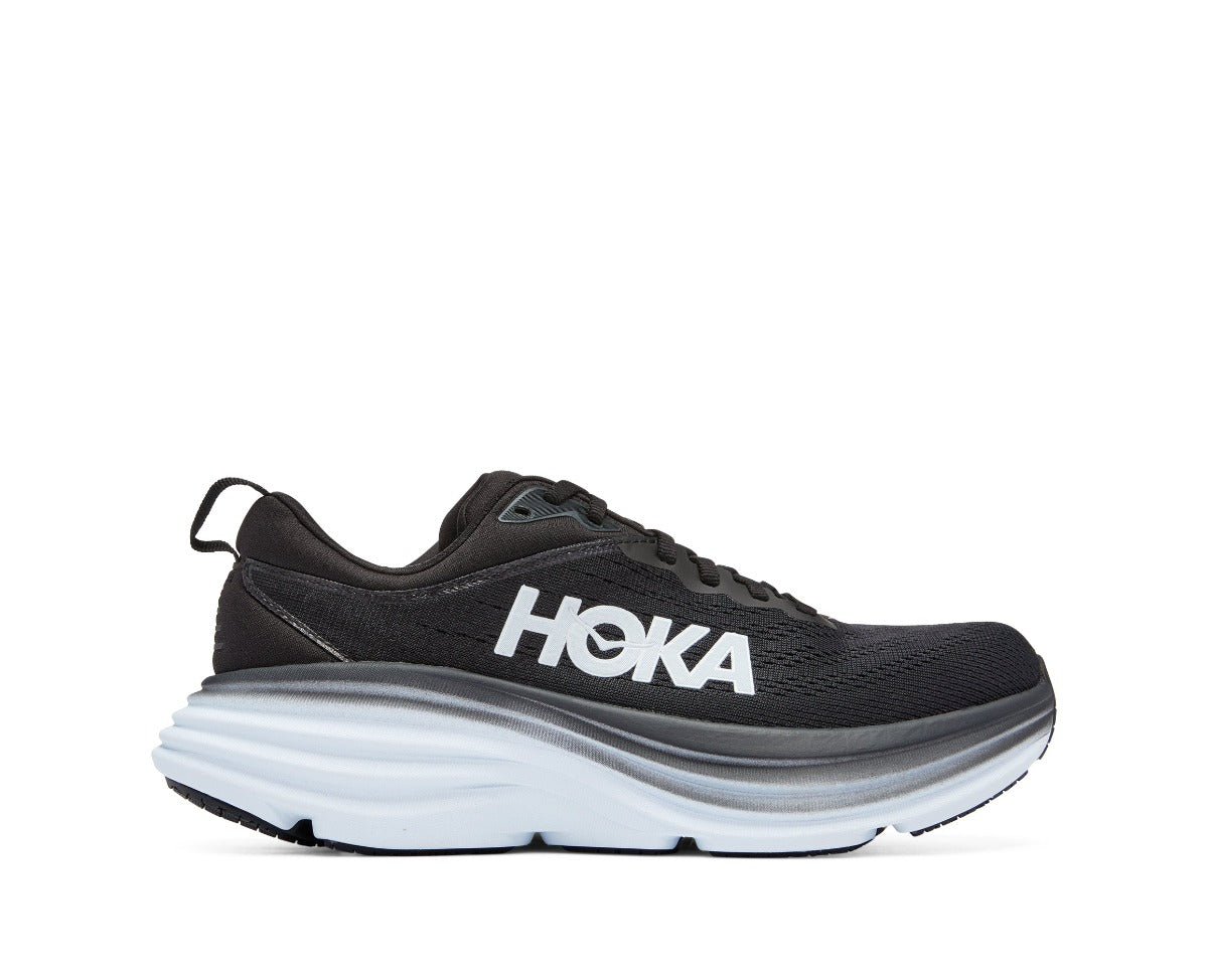 The Hoka Bondi 8 is a ultra-cushioned game-changer. One of the hardest working shoes in the HOKA lineup, the Women's Bondi 8 takes a bold step forward this season reworked with softer, lighter foams and a brand-new extended heel geometry. Taking on a billowed effect, the rear crash pad affords an incredibly soft and balanced ride from heel strike to forefoot transaction.  This version of the Women's Bondi 8 comes in the Wide Fit "D" This style is perfect for Everyday Runs, Walking and Comfort