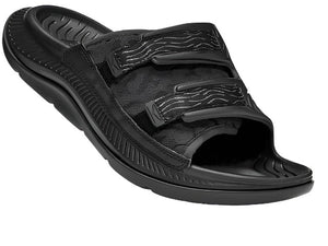 Lateral angled view of the Unisex Ora Luxe Recovery Slide by HOKA in all black