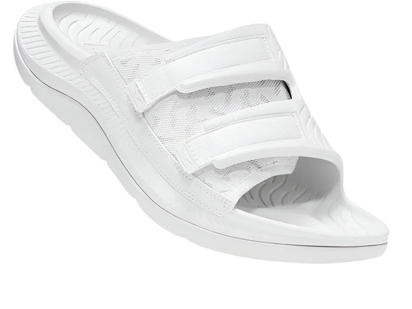 Lateral angled view of the Unisex Ora Luxe Recovery Slide by HOKA in the color white