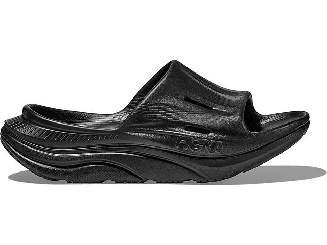 Lateral view of the Men's Ora Recovery Slide 3 by HOKA in all Black