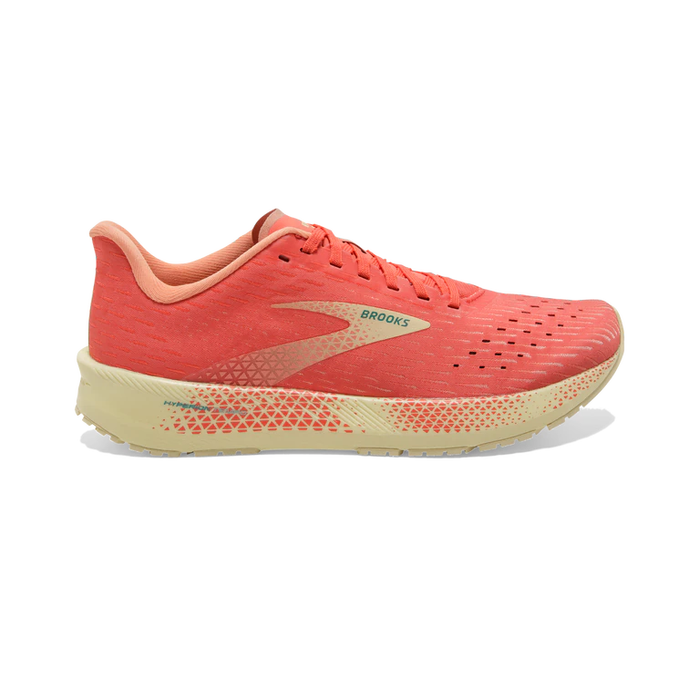 Lateral view of the Women's Hyperion Tempo by Brooks in the color Hot Coral/Flan/Fusion Coral