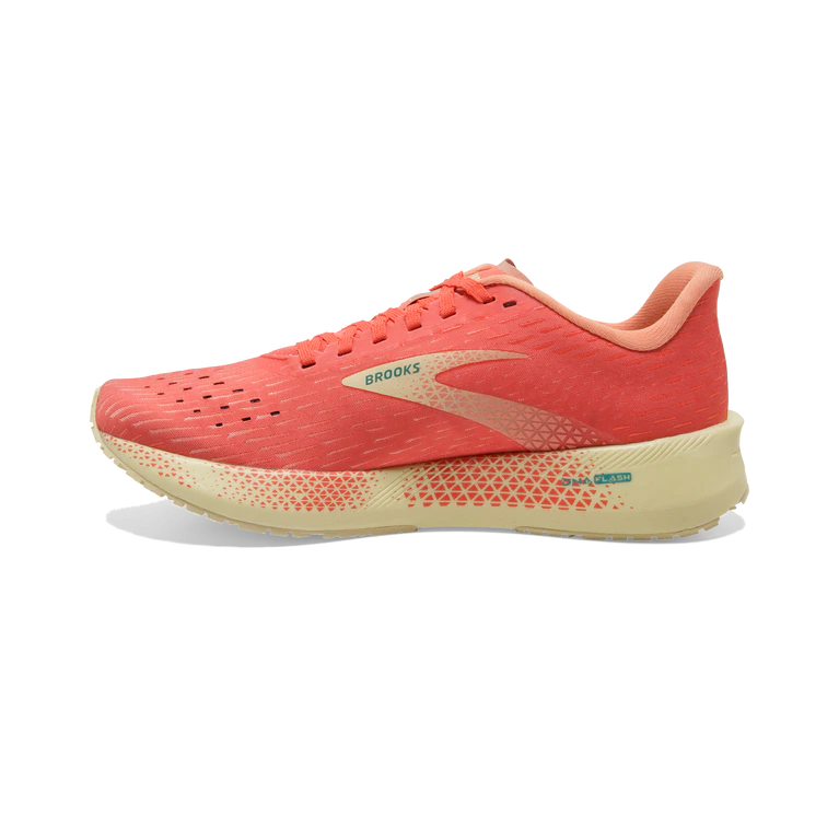 Medial view of the Women's Hyperion Tempo by Brooks in the color Hot Coral/Flan/Fusion Coral
