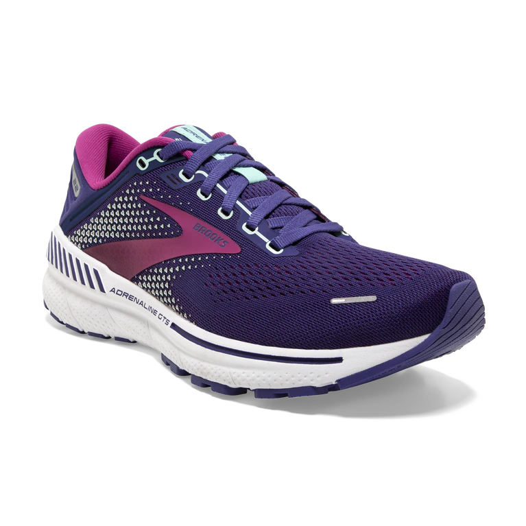Front angled view of the Women's Adrenaline GTS 22 by Brooks in the color Navy/Yucca/Pink