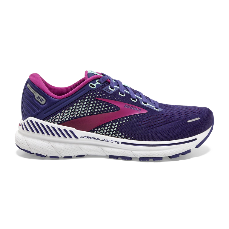 Lateral view of the Women's Adrenaline GTS 22 by Brooks in the color Navy/Yucca/Pink