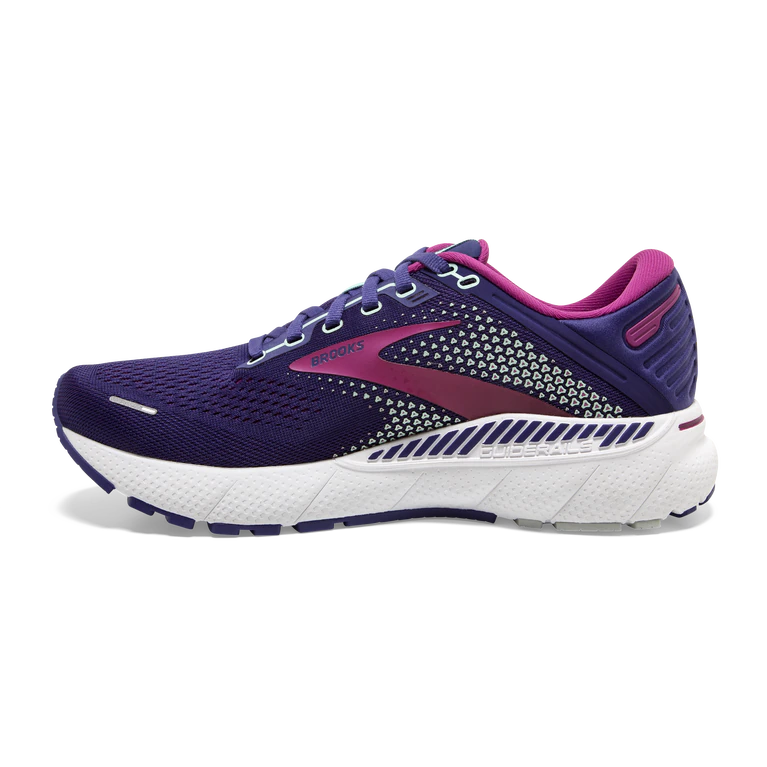 Medial view of the Women's Adrenaline GTS 22 by Brooks in the color Navy/Yucca/Pink