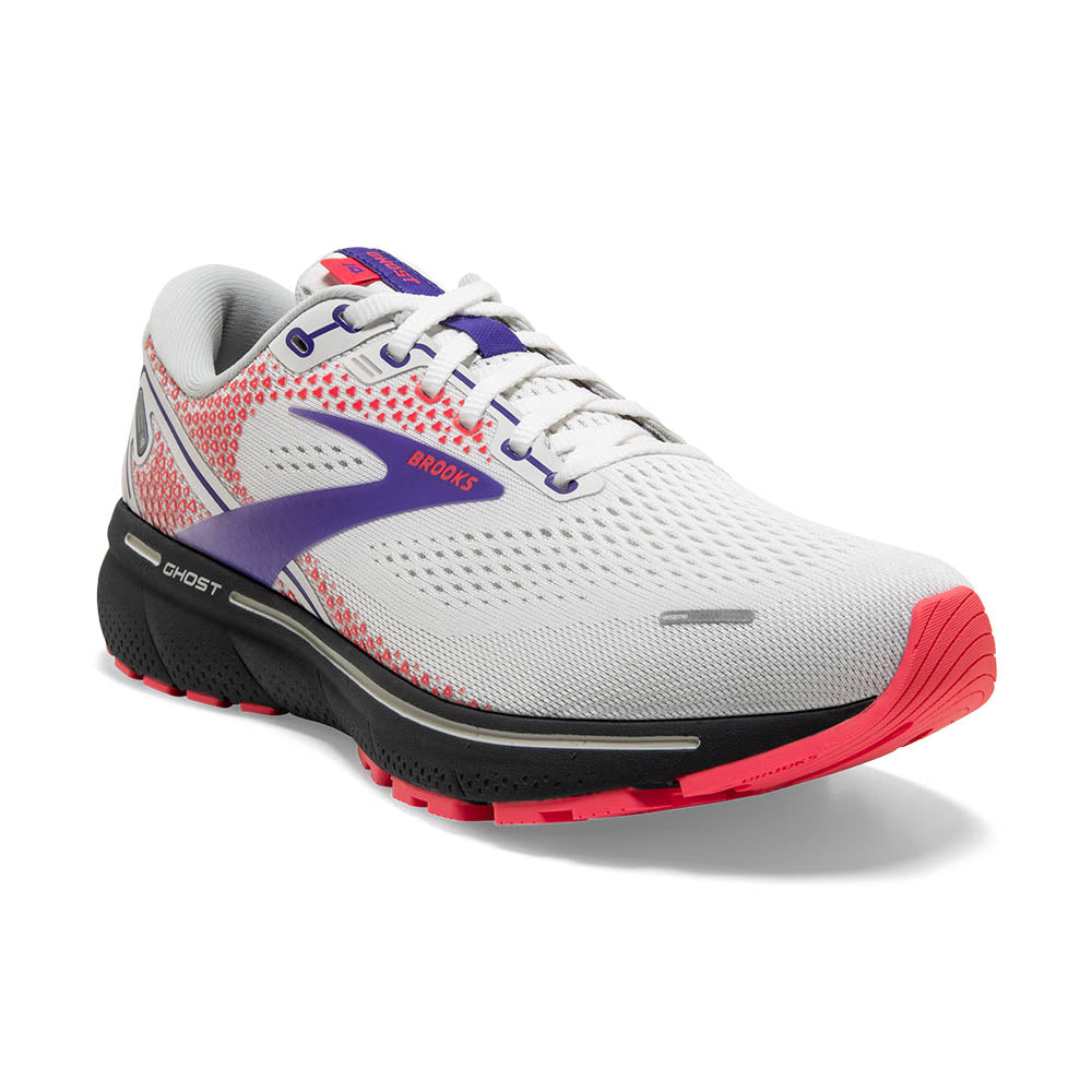Front angle view of the Women's Ghost 14 by BROOKS in the color white