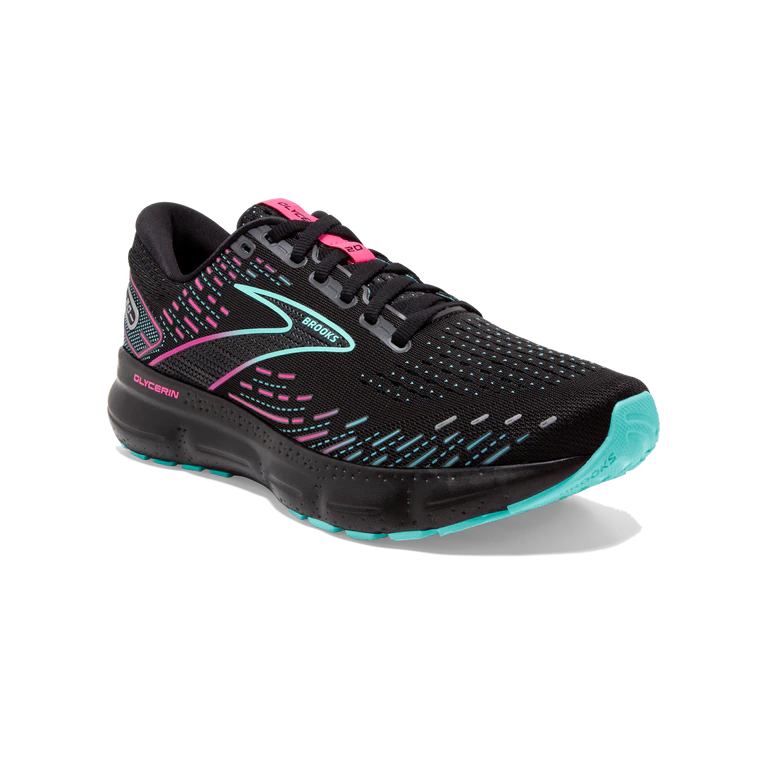 Front angled view of the BROOKS Women's Glycerin 20 in the color Black/Blue Light/Pink