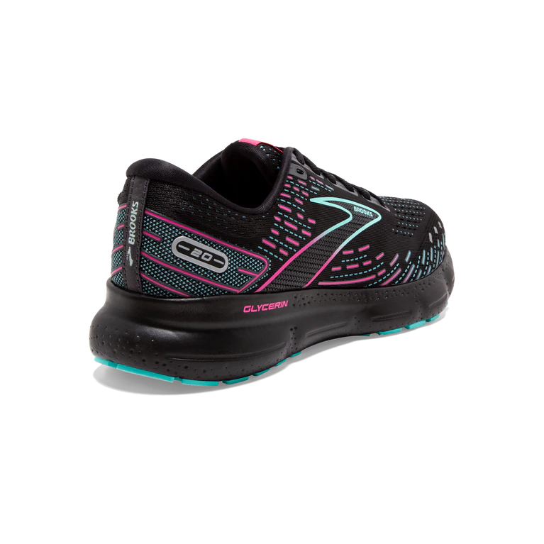 Back angled view of the BROOKS Women's Glycerin 20 in the color Black/Blue Light/Pink