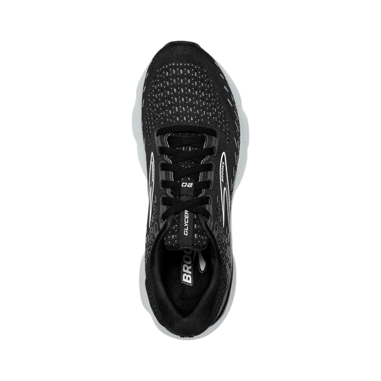 Top view of the Women's Glycerin 20 by BROOKS in the wide "D" width, color Black/White/Alloy