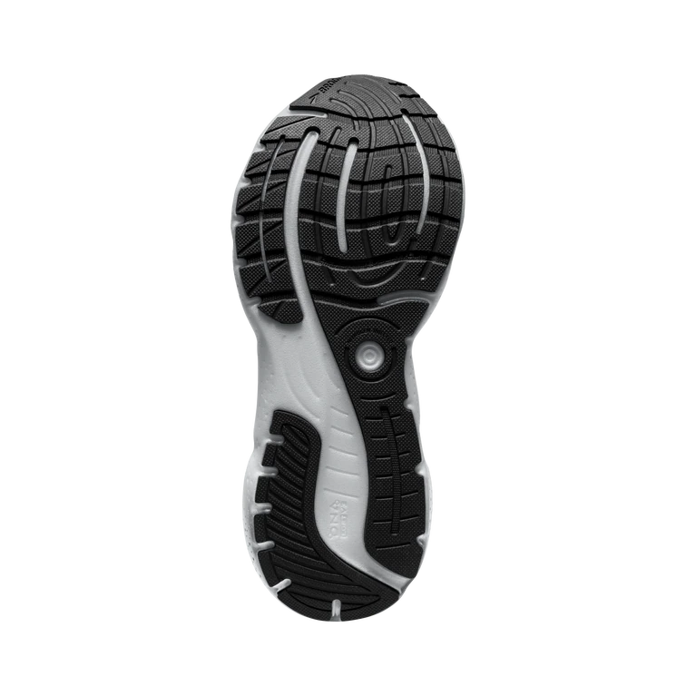 Bottom (outer sole) view of the Women's Glycerin 20 by BROOKS in the wide "D" width, color Black/White/Alloy
