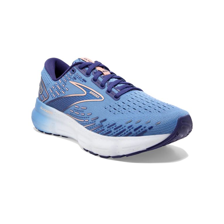 Front angled view of the Brook's Women's Glycerin 20 in the color Blissful Blue/Peach/White