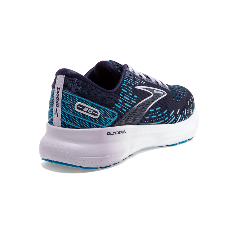 Back angled view of the Women's BROOKS Glycerin 20 in the Narrow "2A" width, color Peacoat/Ocean/Pastel Lilac