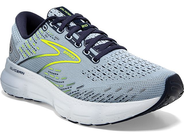 Front angled view of the Women's Glycerin 20 by BROOKS in the color Light Blue/Peacoat/Nightlife