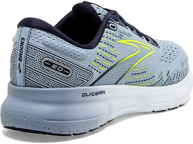 Back angled view of the Women's Glycerin 20 by BROOKS in the color Light Blue/Peacoat/Nightlife