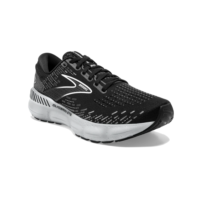 Front angled view of the Women's Glycerin GTS 20 by Brooks in the color Black/White/Alloy
