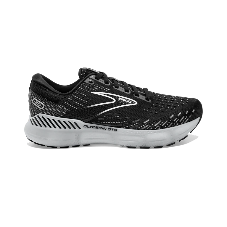 Lateral view of the Women's Glycerin GTS 20 by Brooks in the color Black/White/Alloy