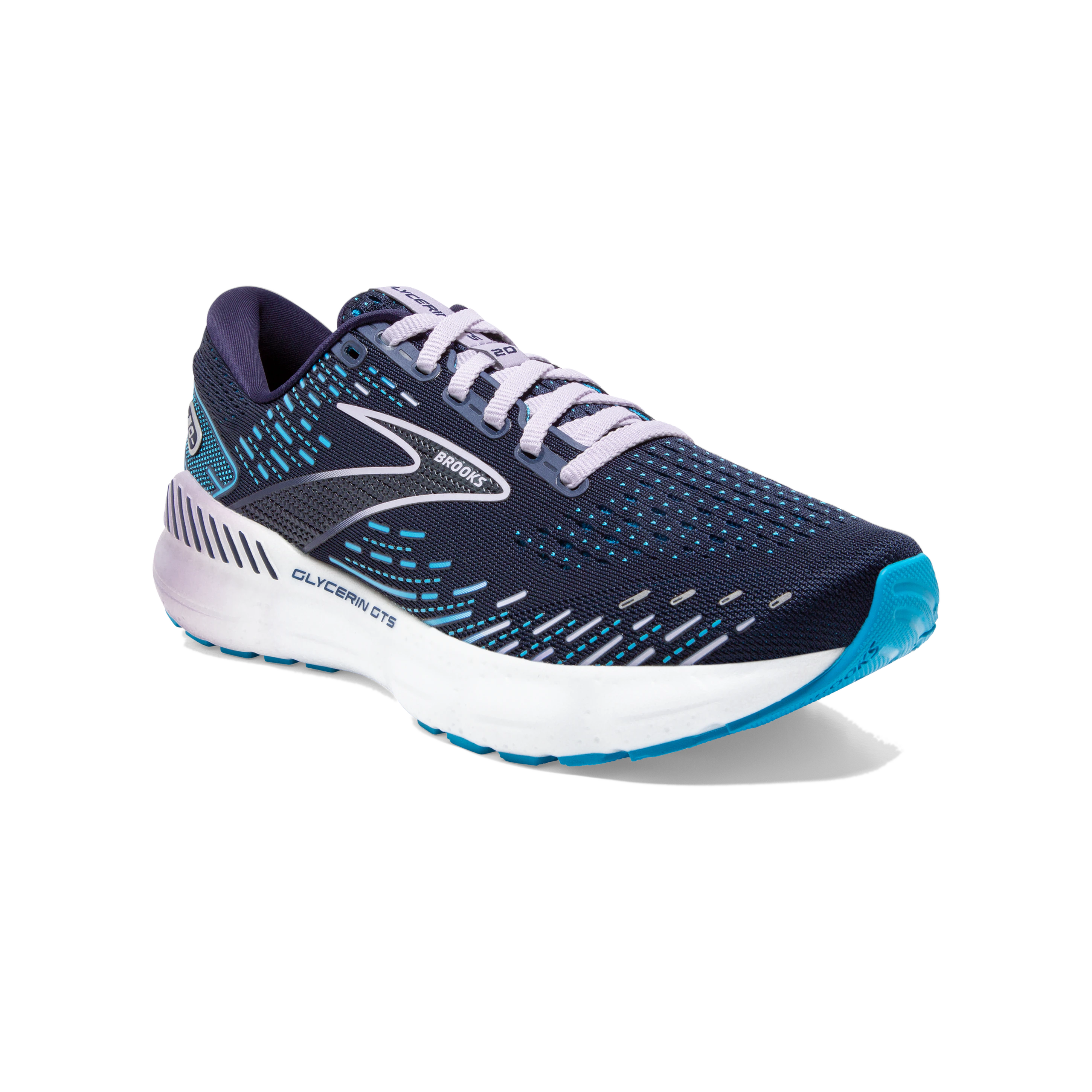 Front angled view of the Women's Glycerin GTS 20 by BROOKS in the color Peacoat/Ocean/Pastel Lilac