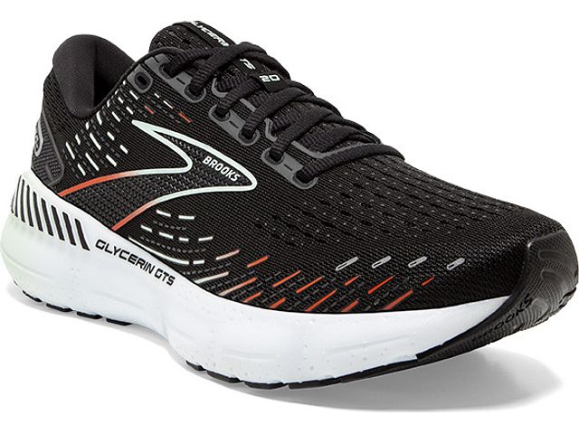 Front angled view of the Women's Glycerin GTS 20 by BROOKS in the color Black/Red/Opal