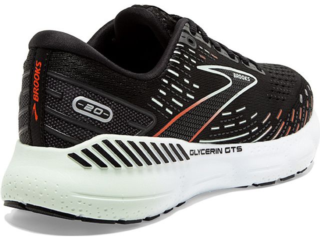 Back angled view of the Women's Glycerin GTS 20 by BROOKS in the color Black/Red/Opal