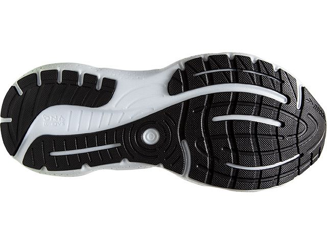 Bottom (outer sole) view of the Women's Glycerin GTS 20 by BROOKS in the color Black/Red/Opal