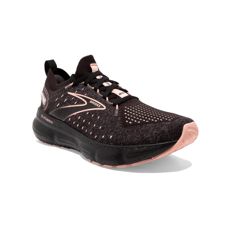 Front angled view of the Women's Glycerin Stealthfit 20 in the color Black/Pearl/Peach