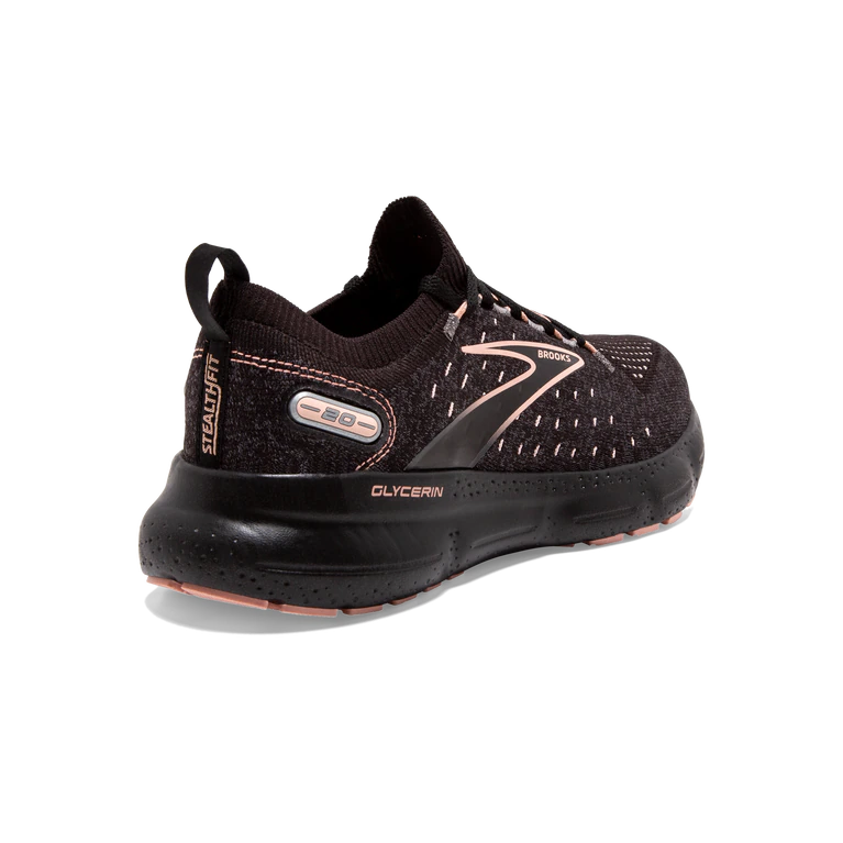 Back angled view of the Women's Glycerin Stealthfit 20 in the color Black/Pearl/Peach