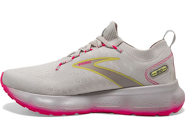 Medial view of the Women's Glycerin Stealthfit 20 by Brooks in the color Grey/Yellow/Pink