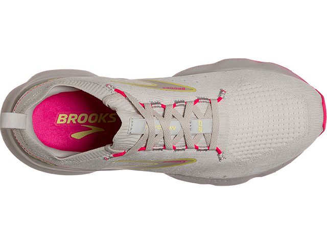 Top view of the Women's Glycerin Stealthfit 20 by Brooks in the color Grey/Yellow/Pink