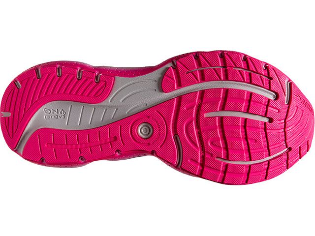 Bottom (outer sole) view of the Women's Glycerin Stealthfit 20 by Brooks in the color Grey/Yellow/Pink