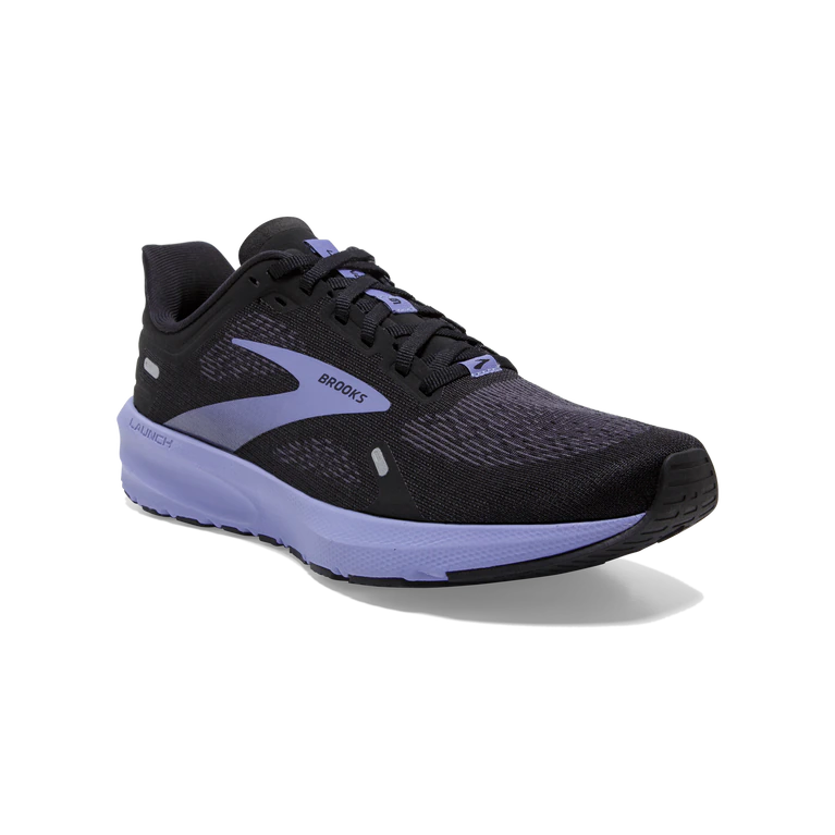 Front angled view of the Women's Launch 9 by Brooks in the color Black/Ebony/Purple and wide "D" width