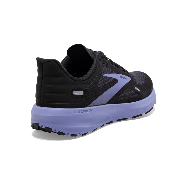 Back angled view of the Women's Launch 9 by Brooks in the color Black/Ebony/Purple and wide "D" width