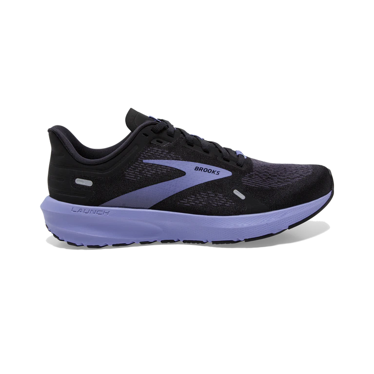 Lateral view of the Women's Launch 9 by Brooks in the color Black/Ebony/Purple and wide "D" width