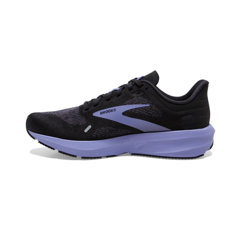 Medial view of the Women's Launch 9 by Brooks in the color Black/Ebony/Purple and wide "D" width