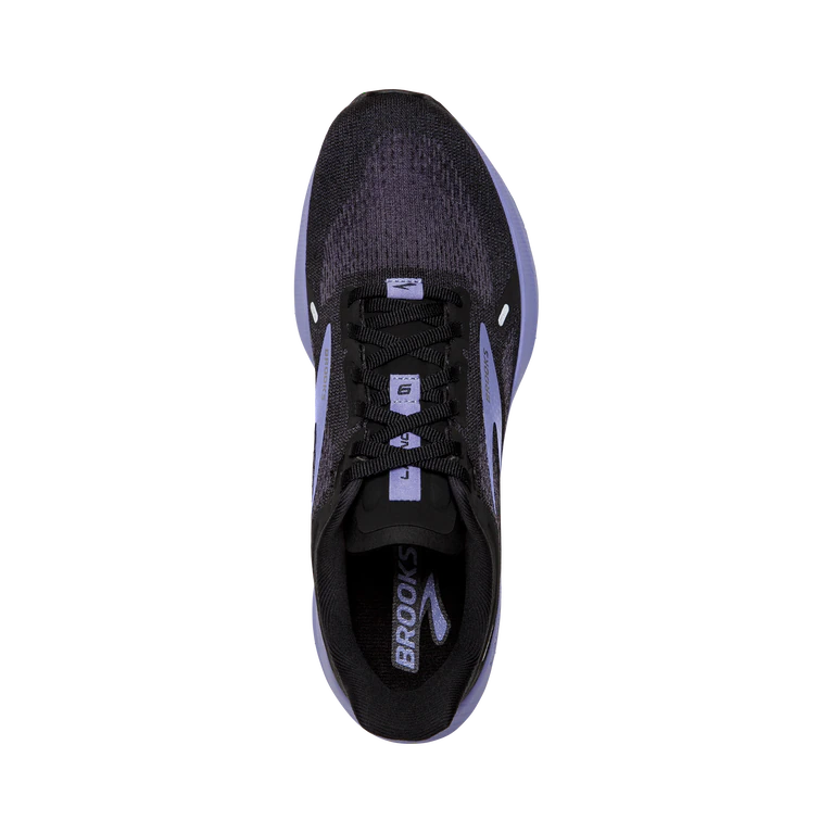 Top view of the Women's Launch 9 by Brooks in the color Black/Ebony/Purple and wide "D" width