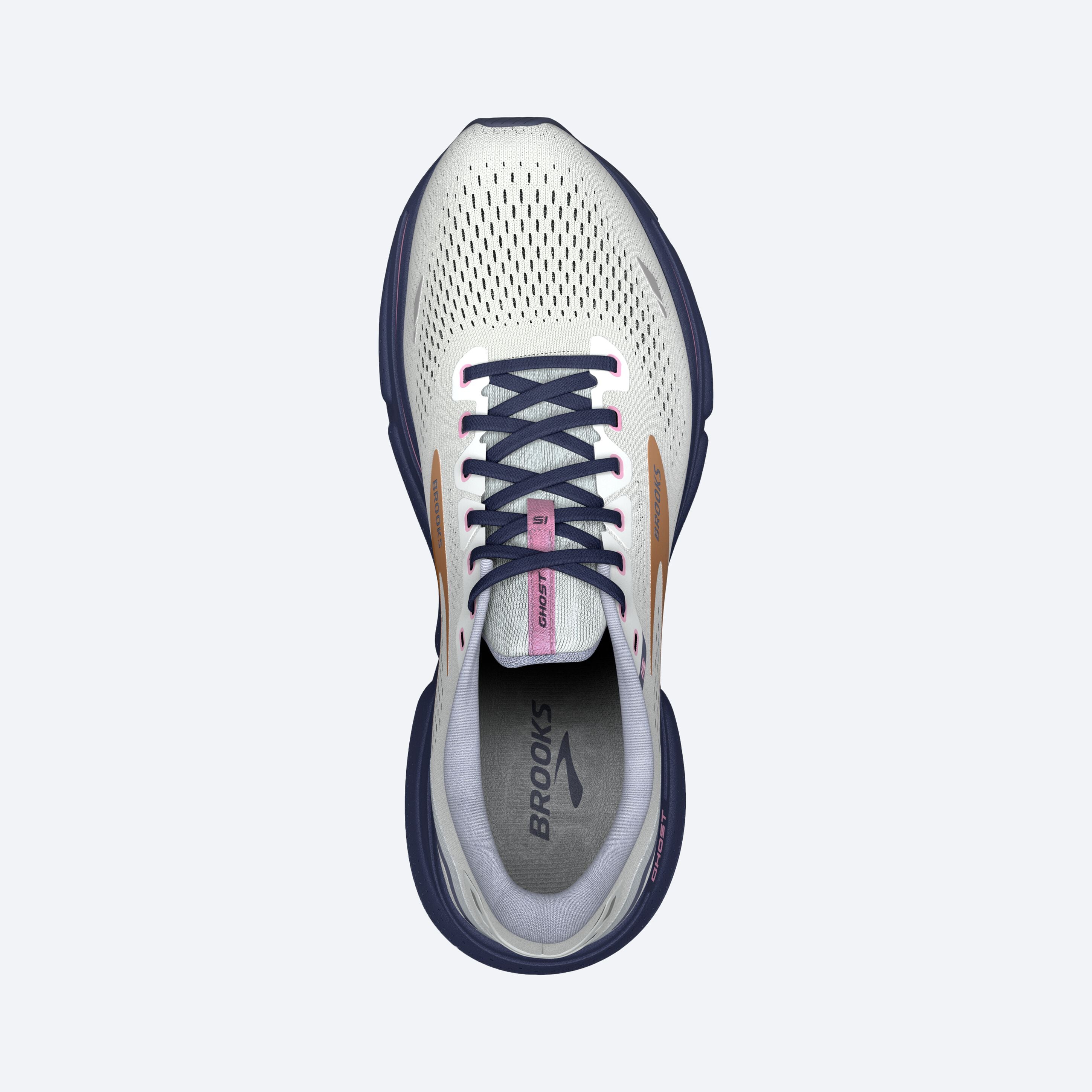 Top view of the Women's Ghost 15 by Brooks in the color Spa Blue/NeoPink/Copper