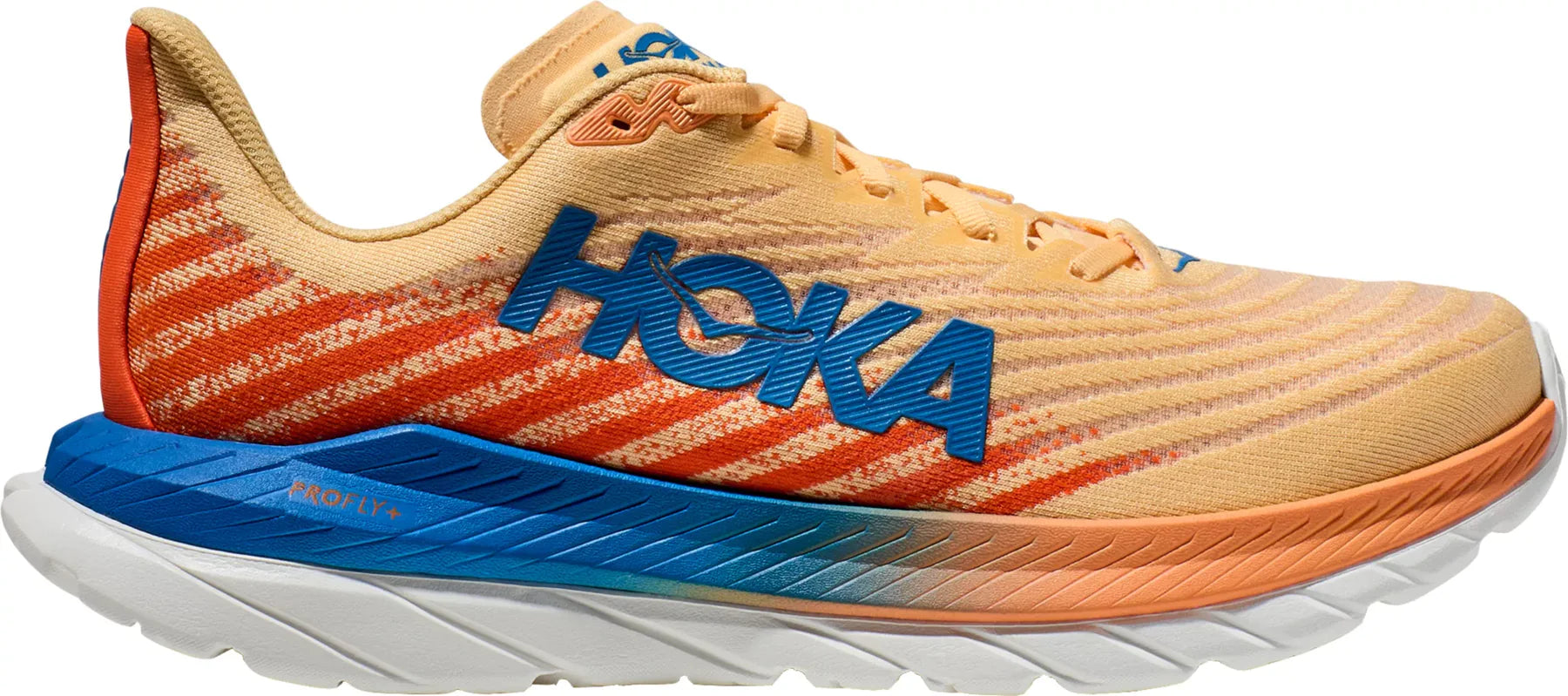 Lateral view of the Men's HOKA Mach 5 in the color Impala/Vibrant Orange