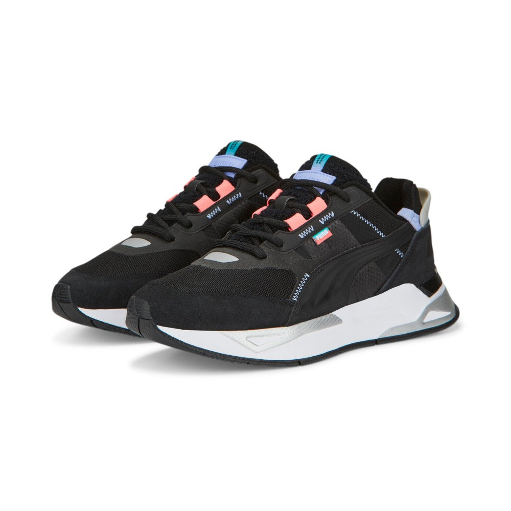 The Men's Mirage blends future tech fashion with Lifestyle in this mostly black shoe with blue and salmon pops