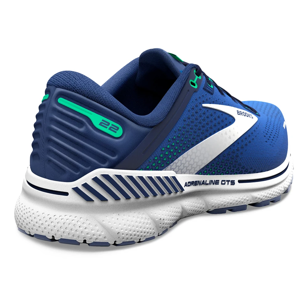 Back angled view of the Men's Adrenaline GTS 22 by BROOKS in the color Surf Web/Blue/Irish Green