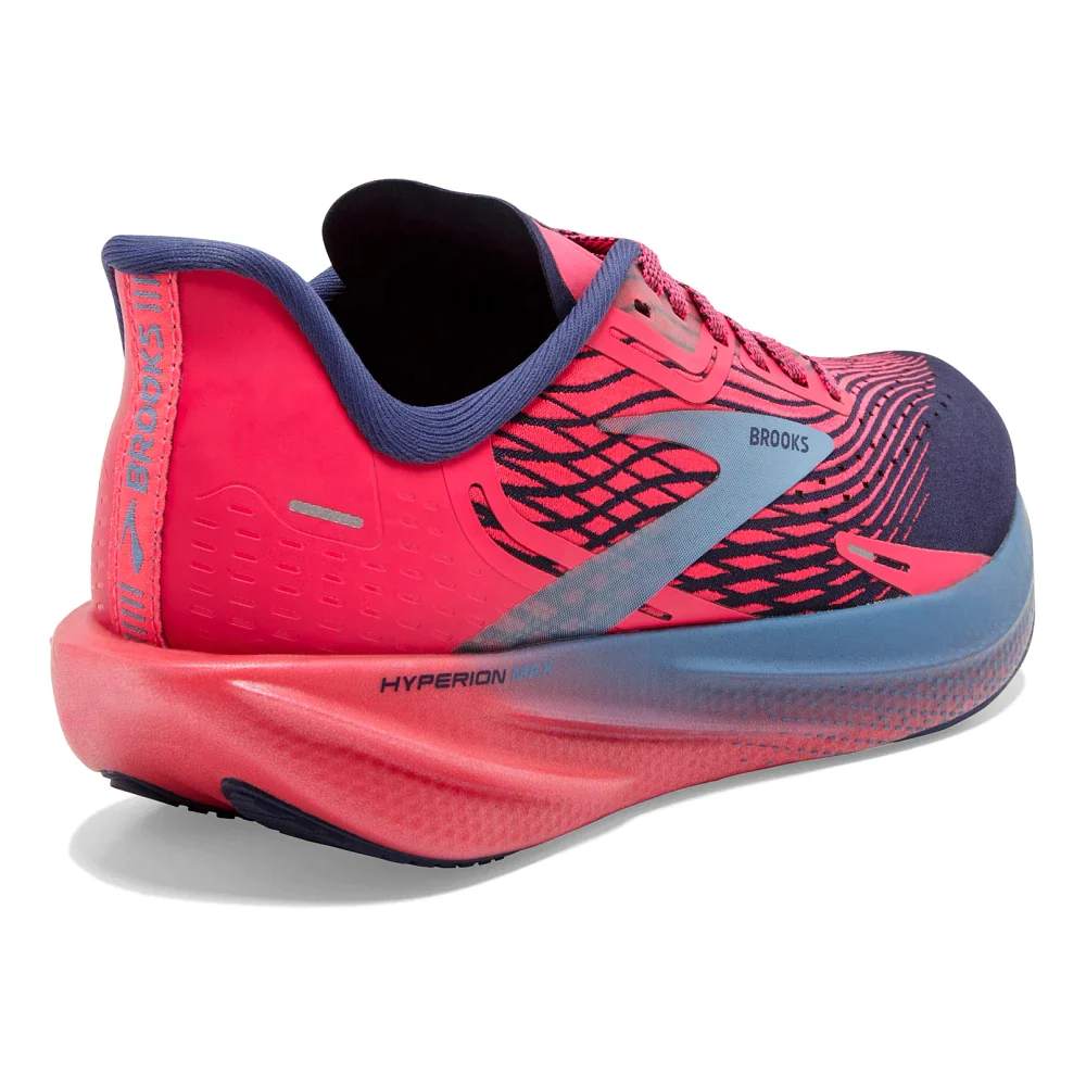 Back angled view of the Women's Hyperion Max by Brooks in the color Pink/Cobalt/Blissful Blue