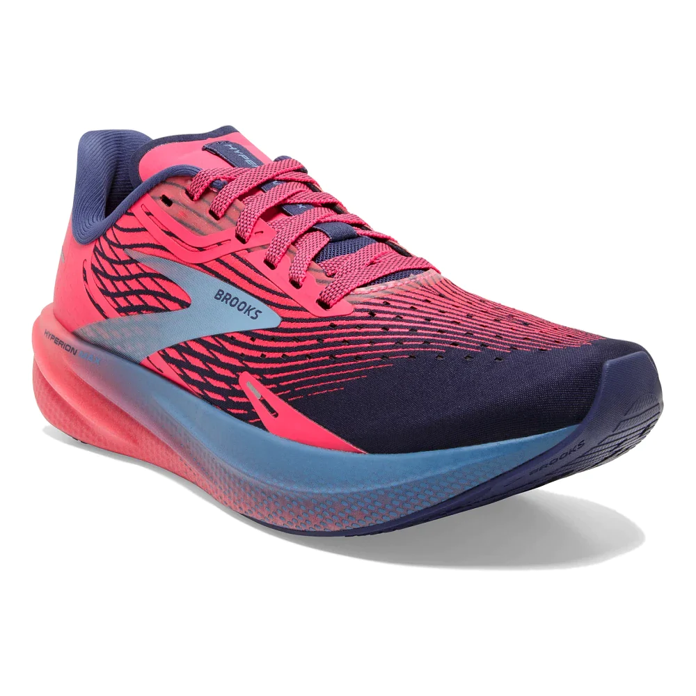 Front angled view of the Women's Hyperion Max by Brooks in the color Pink/Cobalt/Blissful Blue