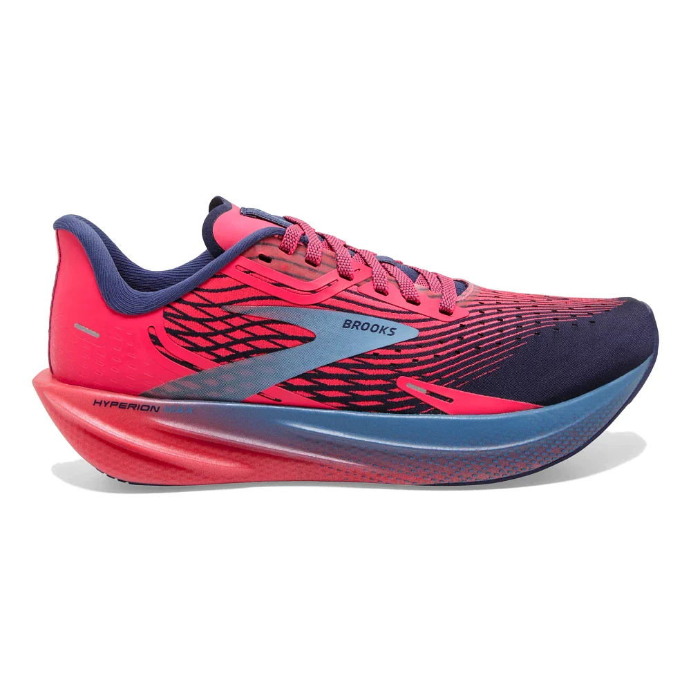 Lateral view of the Women's Hyperion Max by Brooks in the color Pink/Cobalt/Blissful Blue