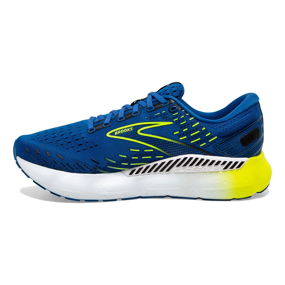 Medial view of the Men's Glycerin GTS 20 by BROOKS in the color Blue/Nightlife/White