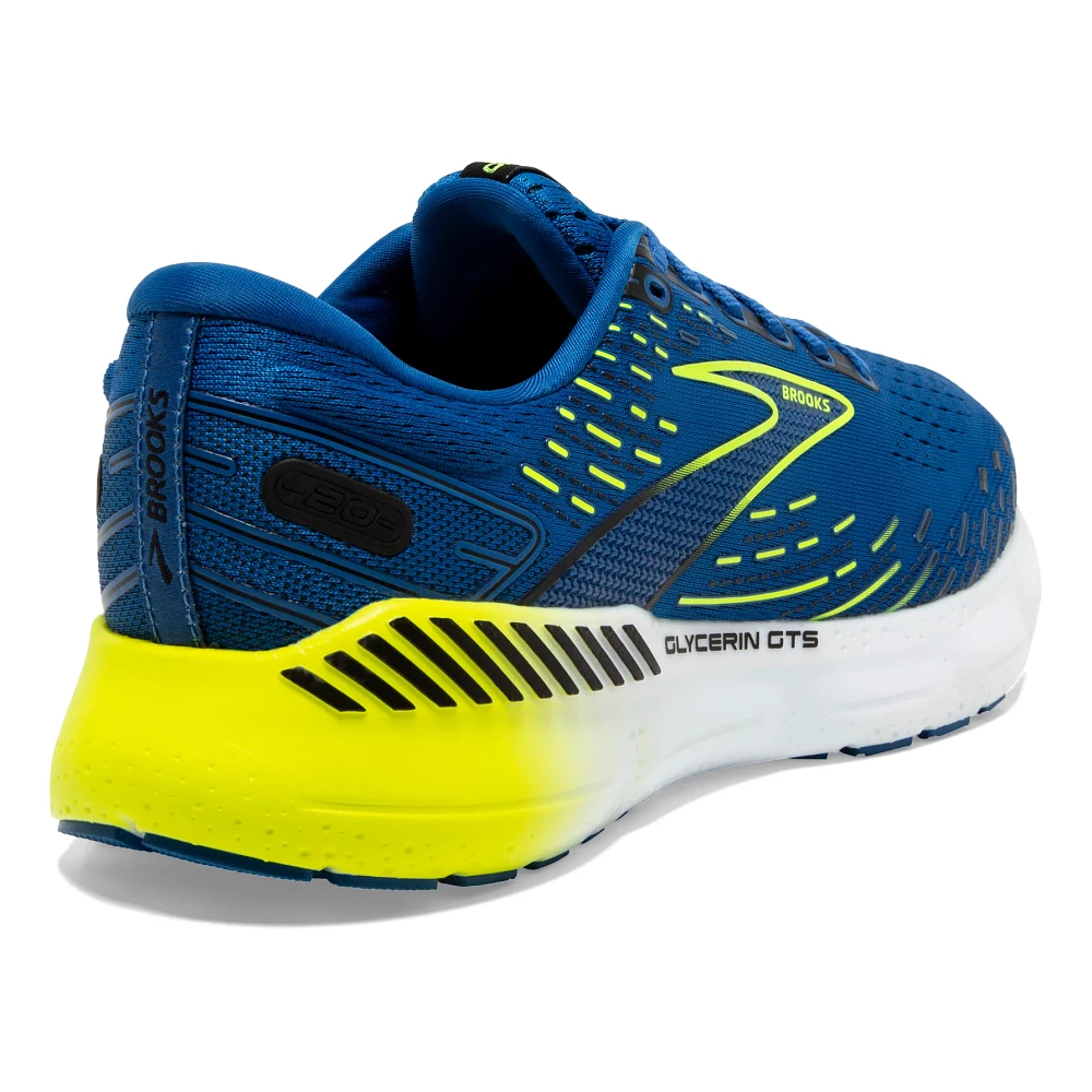Back angled view of the Men's Glycerin GTS 20 by BROOKS in the color Blue/Nightlife/White