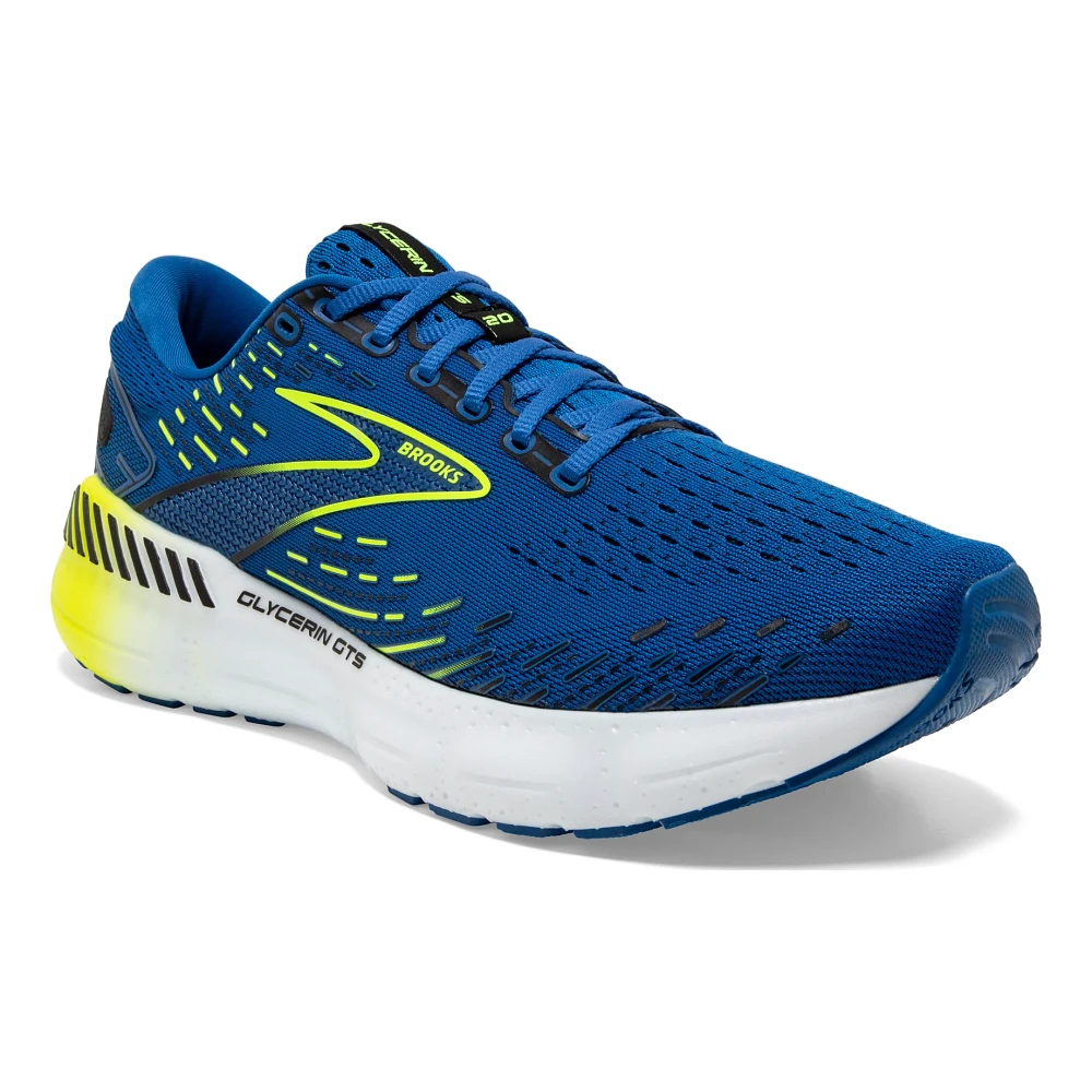 Front angled view of the Men's Glycerin GTS 20 by BROOKS in the color Blue/Nightlife/White