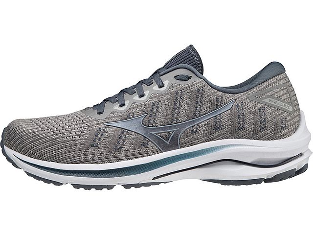 Medial view of the Men's Wave Rider 25 Waveknit by Mizuno in the color Drizzle / Antarctica