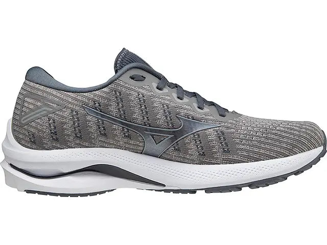 Lateral view of the Men's Wave Rider 25 Waveknit by Mizuno in the color Drizzle / Antarctica