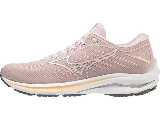Medial view of the Women's Wave Rider 25 by Mizuno in the color Pale Lilac / White